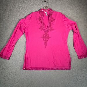 GRAHAM KANDIAH Pink Embellished Sequin Tunic Top Long Sleeve V-Neck Size L